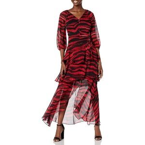 Karl Lagerfeld Paris Maxi Dress Womens 8 Red Black Tiered Chiffon Tiger Long Slv